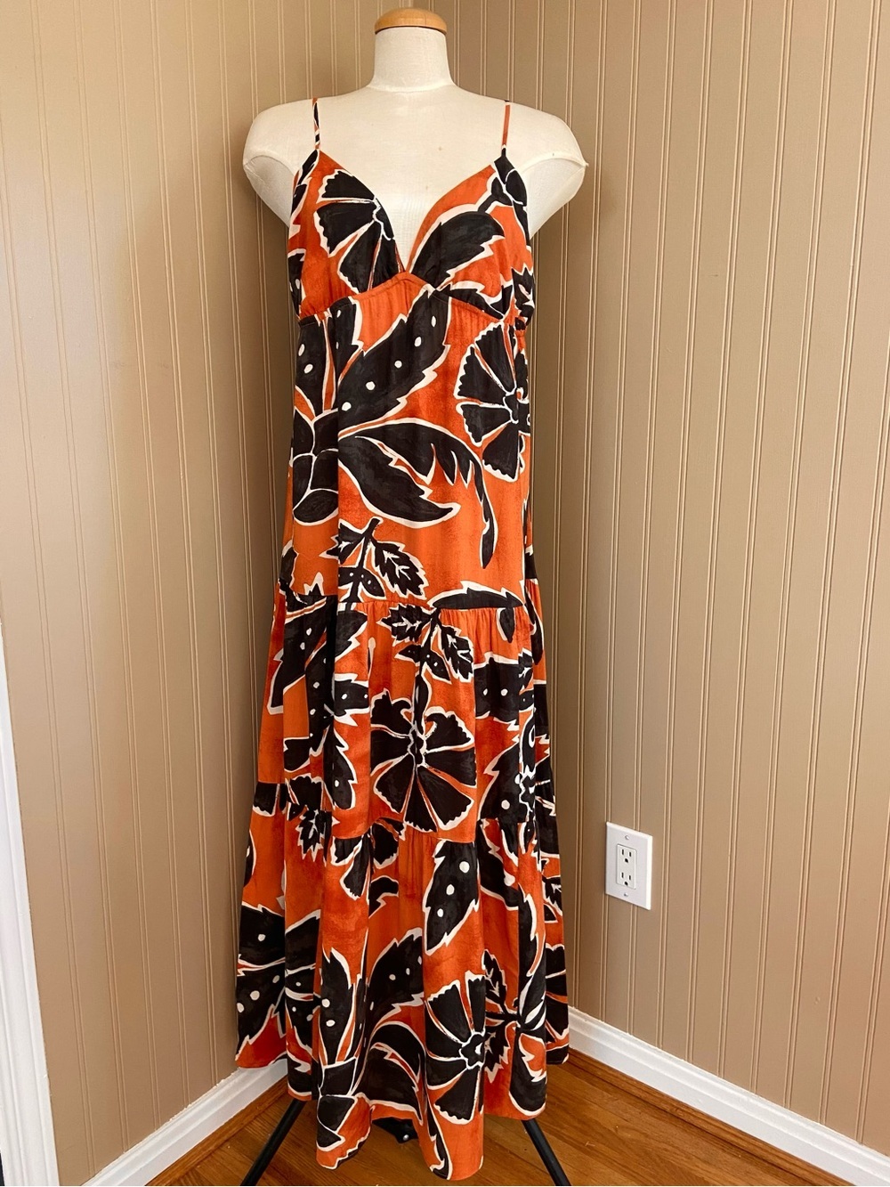 H&M Ankle Length Orange, Cream & Black Cotton Maxi Dress Women’s Large
